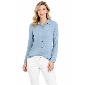 SO Perfect Button Down Shirt Women's Size XS Top Blue Chambray Lyocell Pocket